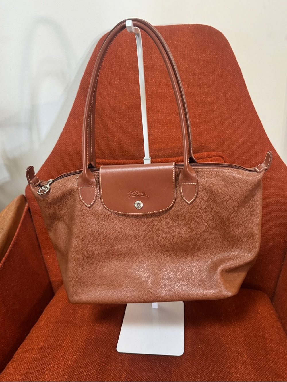 Longchamp Le Pliage Cuir Caramel Brown Pebbled Leather Shoulder Tote Med